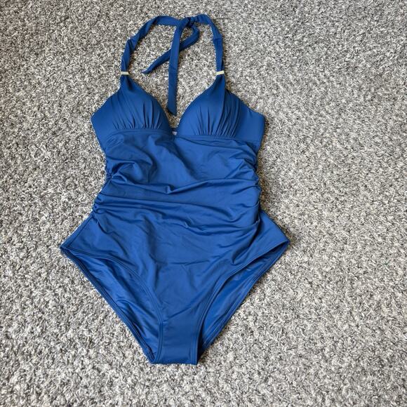 Victoria Secret Forever One Piece Swimsuit Size M Ruched Blue Halter Sexy New - Picture 1 of 8